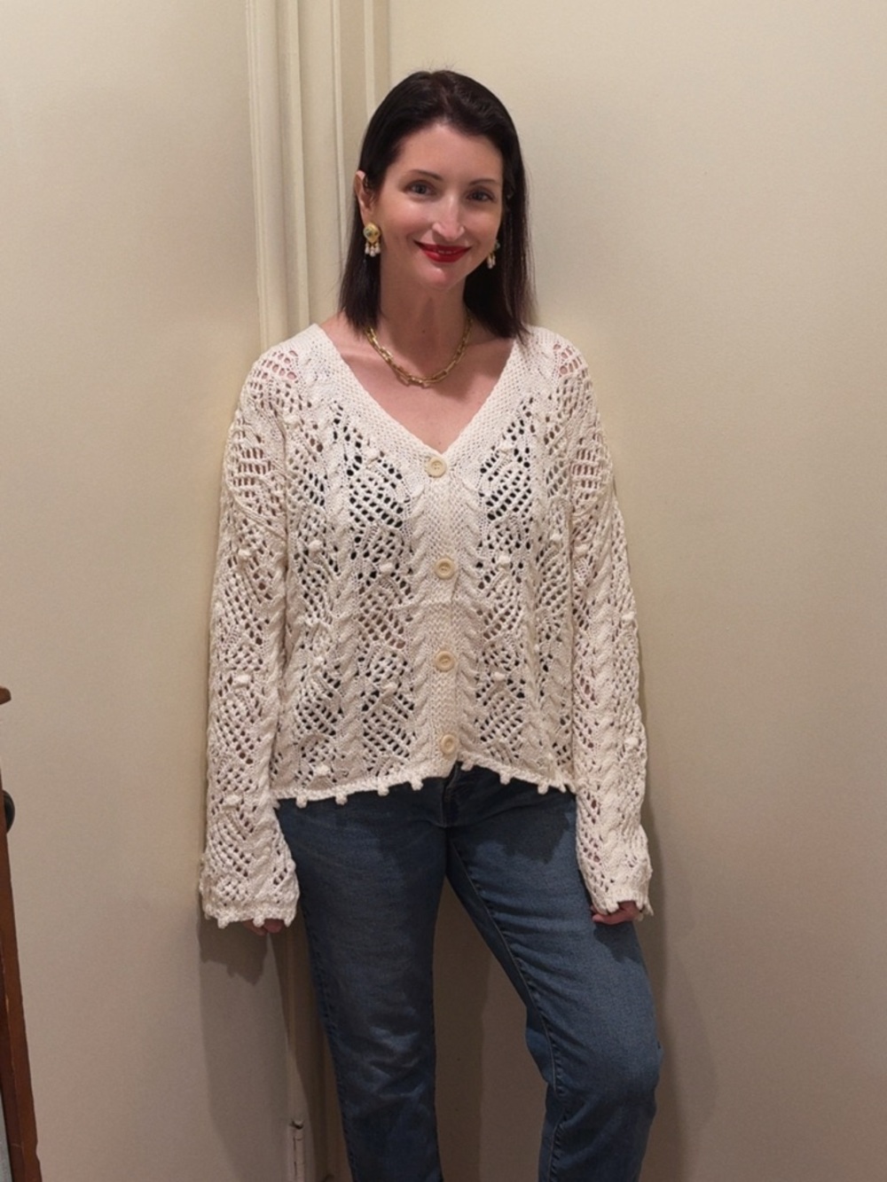 Miracle Cream Open-Knit V-Neck Button Cardigan